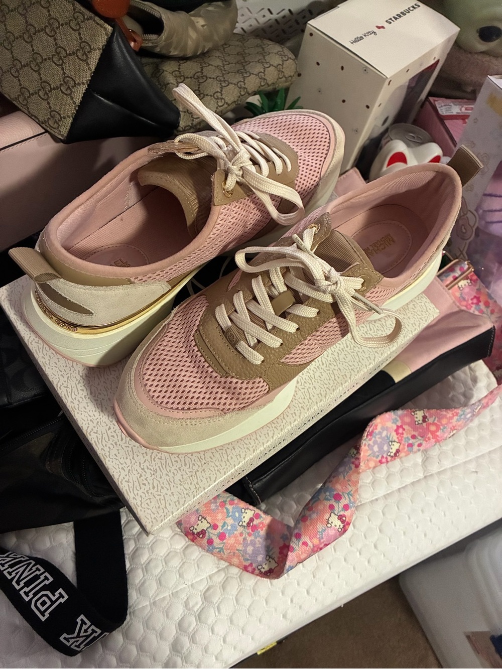 Michael Kors Pink and Beige Mesh Suede Lace-Up Sneakers